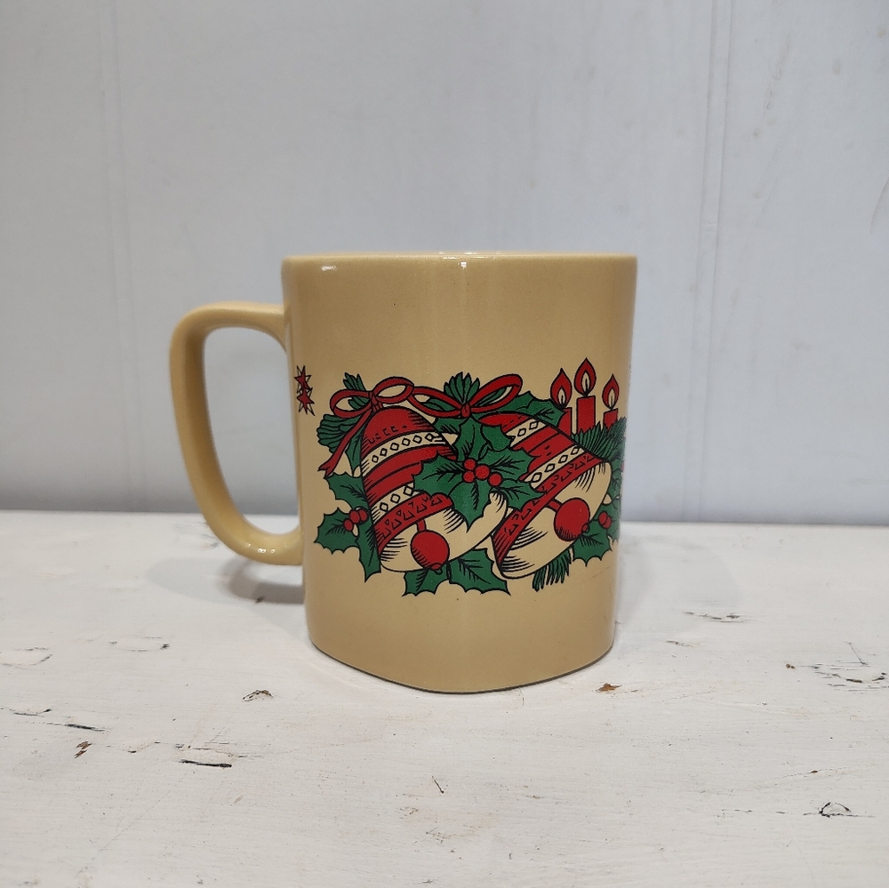 Vintage Mid-Century Octagon Christmas Mug‎ Holiday Bells & Holly Retro 1970s